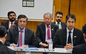 Mr. Rana Ihsaan Afzal Khan Coordinator to the Prime Minister of Pakistan for Commerce and Trade is addressing 8th Pakistan-Japan Government Business Dialogue. Ambassador of Pakistan to Japan H.E Abdul Hameed is also present
