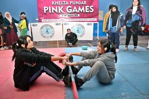 Players are participating in Mass Wrestling trials during the “Khelta Punjab Pink Games,” held at the Sports Gymnasium organized by the Sports Department.