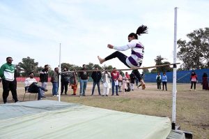 Players give rugby trials during the “Khelta Punjab Pink Games Trials” held at a Sports Stadium, organized by the Sports Department