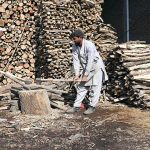 Workers busy in cutting wood into pieces for selling purpose at his workplace in the Federal Capital