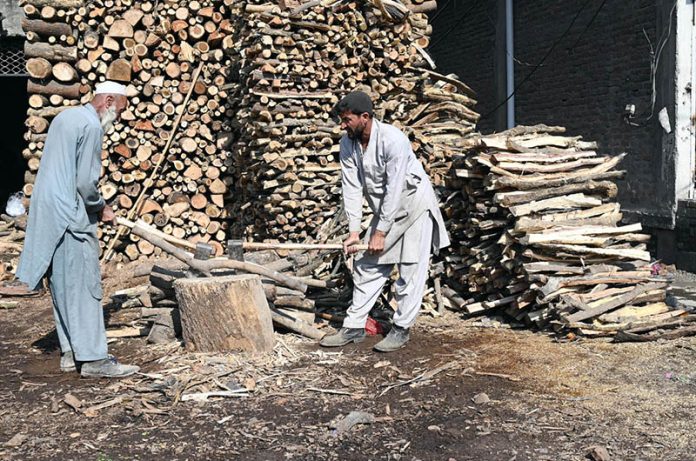 Workers busy in cutting wood into pieces for selling purpose at his workplace in the Federal Capital