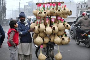 A street vendor is selling bird nests on a bicycle to earn livelihood in the Provincial Capital.