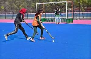 Players are participating in Mass Wrestling trials during the “Khelta Punjab Pink Games,” held at the Sports Gymnasium organized by the Sports Department.