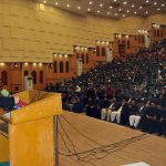 State Minister for Power Abdul Rehman Khan Kanju addresses the inaugural and distribution ceremony of the Prime Minister’s Youth Laptop Scheme Phase-IV at Jinnah Auditorium, Bahauddin Zakariya University (BZU).