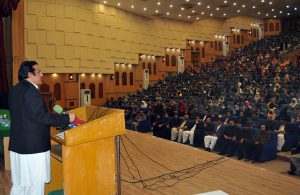 State Minister for Power Abdul Rehman Khan Kanju addresses the inaugural and distribution ceremony of the Prime Minister’s Youth Laptop Scheme Phase-IV at Jinnah Auditorium, Bahauddin Zakariya University (BZU).