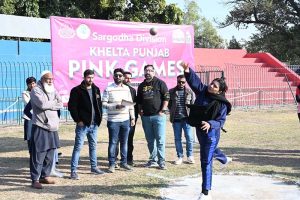 Players give trials during the “Khelta Punjab Pink Games Trials” held at a Sports Stadium, organized by the Sports Department