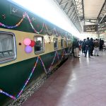A decorated view of the train as Federal Minister for Railways Muhammad Hanif Abbasi inaugurates the refurbished rake of the Hazara Express at Havelian Railway Station