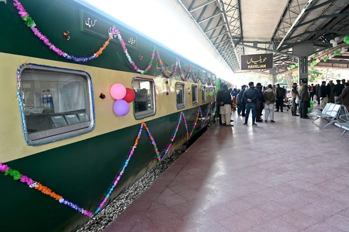A decorated view of the train as Federal Minister for Railways Muhammad Hanif Abbasi inaugurates the refurbished rake of the Hazara Express at Havelian Railway Station