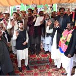 Pakistan Muslim League–Nawaz (PML-N) Senator Chaudhary Tanvir Khan administers the oath to newly elected members of Qadir Bakhsh Rajput Welfare Society at Chaklala Scheme-3