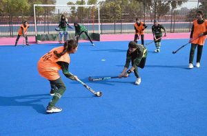 Players are participating in Mass Wrestling trials during the “Khelta Punjab Pink Games,” held at the Sports Gymnasium organized by the Sports Department.