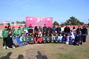 Players give trials during the “Khelta Punjab Pink Games Trials” held at a Sports Stadium, organized by the Sports Department
