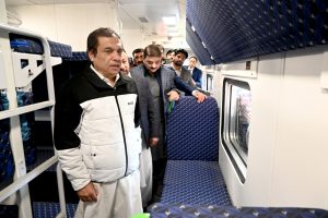 Federal Minister for Railways Muhammad Hanif Abbasi inaugurates the refurbished rake of the Hazara Express at Havelian Railway Station