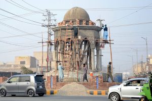 - Labourers are busy constructing a monument at Nangana Chowk as part of an ongoing beautification and development project in the city.