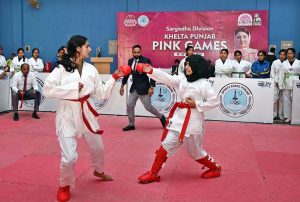 Players are participating in Mass Wrestling trials during the “Khelta Punjab Pink Games,” held at the Sports Gymnasium organized by the Sports Department.