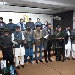 Federal Minister for Information and Broadcasting, Attaullah Taking oath to the PFUCC members during the oath taking ceremony to the Pakistan Federal Union of Columnist and Creators (PFUCC) at Maulana Zafar Ali Khan Foundation
