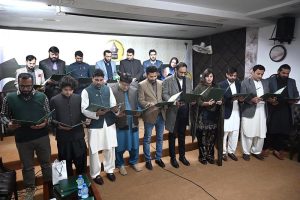 Federal Minister for Information and Broadcasting, Attaullah Taking oath to the PFUCC members during the oath taking ceremony to the Pakistan Federal Union of Columnist and Creators (PFUCC) at Maulana Zafar Ali Khan Foundation