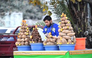 A young vendor displays roasted sweet potatoes to attract customers along the roadside near Marir Chowk in the city.