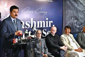 Governor of Khyber Pakhtunkhwa, Faisal Karim Kundi, addresses the media after the “Kashmir: Wait & See” photography exhibition at PNCA in the Federal Capital.