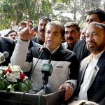 Federal Minister for Railways Muhammad Hanif Abbasi addresses to public gathering after inaugurating the refurbished rake of the Hazara Express at Havelian Railway Station