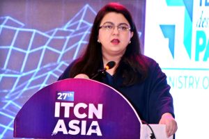 Federal Minister for Information, Technology and Telecommunication Ms. Shaza Fatima Khawaja addressing the 27th ITCN Asia at Expo Center