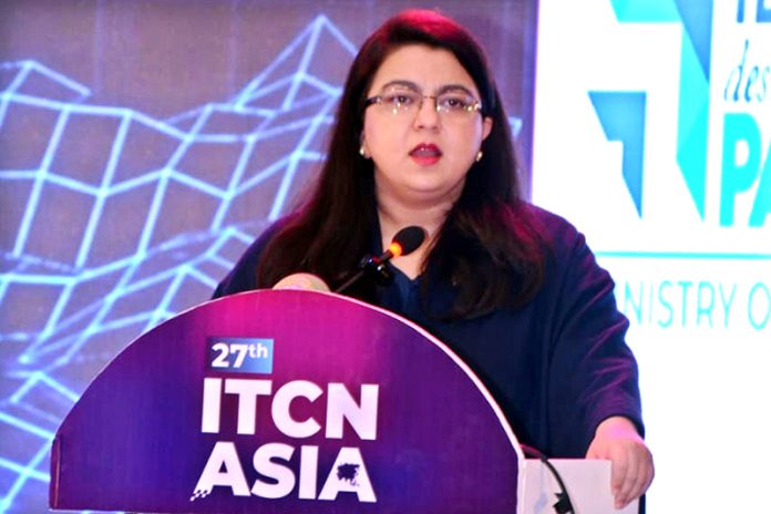 Federal Minister for Information, Technology and Telecommunication Ms. Shaza Fatima Khawaja addressing the 27th ITCN Asia at Expo Center