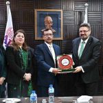 Managing Director Associated Press of Pakistan (APP) Muhammad Asim Khichi presents a memento to Director General Bulgaria News Agency (BTA) Kiril Valchev during his visit to the APP Headquarters. Bulgarian Ambassador Irena Gancheva is present.