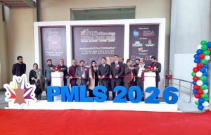 Rana Ihsaan Afzal Khan, Coordinator to the Prime Minister for Commerce, cuts the ribbon to inaugurate the Mega Leather Show at Lahore Expo Center, highlighting Pakistan’s leather industry and export potential.