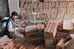 A worker busy making wooden boxes for packing various fruits at his workplace in Fruit Market.