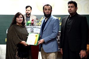 Federal Minister for Information and Broadcasting, Attaullah Taking oath to the PFUCC members during the oath taking ceremony to the Pakistan Federal Union of Columnist and Creators (PFUCC) at Maulana Zafar Ali Khan Foundation