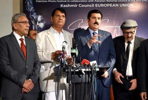 Governor of Khyber Pakhtunkhwa, Faisal Karim Kundi addresses the closing ceremony of the photography exhibition and book launch titled “KASHMIR, WAIT & SEE” by Shah Zaman Baloch and internationally renowned photographer Cédric Gerbehaye at PNCA.