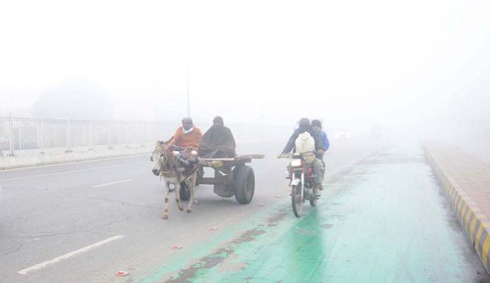 A view of thick fog that engulfs the whole city during morning time
