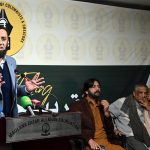 Federal Minister for Information and Broadcasting, Attaullah Tarar addressing during the oath taking ceremony to the Pakistan Federal Union of Columnist and creators (PFUCC) at Maulana Zafar Ali khan Foundation