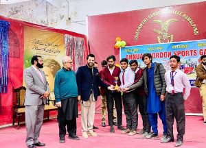 Parliamentary Secretary for Information & Broadcasting Barrister Danyal Chaudhry addresses participants during the Annual Sports Gala at Gordon College.