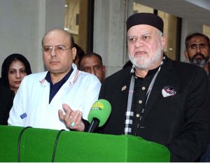 Federal Minister for Poverty Alleviation and Social Safety Syed Imran Ahmad Shah talks to media during his visit to Allied Hospital-I Faisalabad.