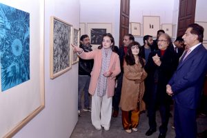 Speaker National Assembly, Sardar Ayaz Sadiq viewing the displayed art stuff during exhibition of Degree Show at NCA