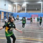 Players undergo volleyball trials during the “Khelta Punjab Pind Games Trials” held at a sports gymnasium, organized by the Sports Department.