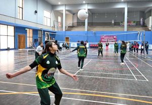 Players undergo volleyball trials during the “Khelta Punjab Pind Games Trials” held at a sports gymnasium, organized by the Sports Department.