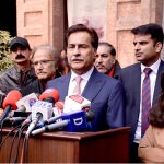 Speaker National Assembly, Sardar Ayaz Sadiq talking to media persons after viewing the displayed art stuff during exhibition of Degree Show at NCA
