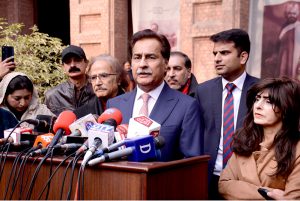Speaker National Assembly, Sardar Ayaz Sadiq talking to media persons after viewing the displayed art stuff during exhibition of Degree Show at NCA