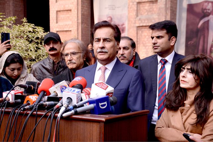 Speaker National Assembly, Sardar Ayaz Sadiq talking to media persons after viewing the displayed art stuff during exhibition of Degree Show at NCA