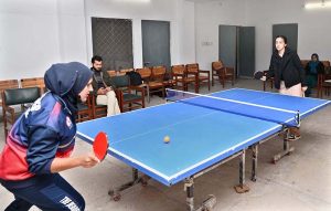 Players in action in table tennis match during Intercollegiate Table Tennis Tournament organized by Board of Intermediate and Secondary Education Sargodha.
