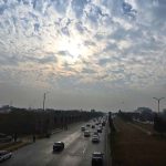 An eye catching scene of thick clouds blanket the sky, blocking sunlight that hints at rain in the federal capital