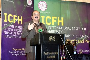 Chairman Prime Minister’s Youth Programme, Rana Mashhood Ahmad Khan addressing the ceremony of the 4th International Research Conference on Finance, Economics and Humanities