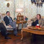 Chairman Senate Syed Yousuf Raza Gilani in a meeting with Italian Ambassador to Pakistan Marilina Armellin at Gilani House