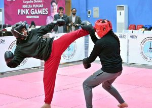 Players compete in wushu trials during the “Khelta Punjab Pind Games Trials” held at a sports gymnasium, organized by the Sports Department.