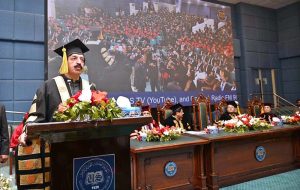 Governor Punjab and Chancellor University of Sargodha Sardar Saleem Haider Khan addresses the 12th Convocation at the university of Sargodha multipurpose hall.