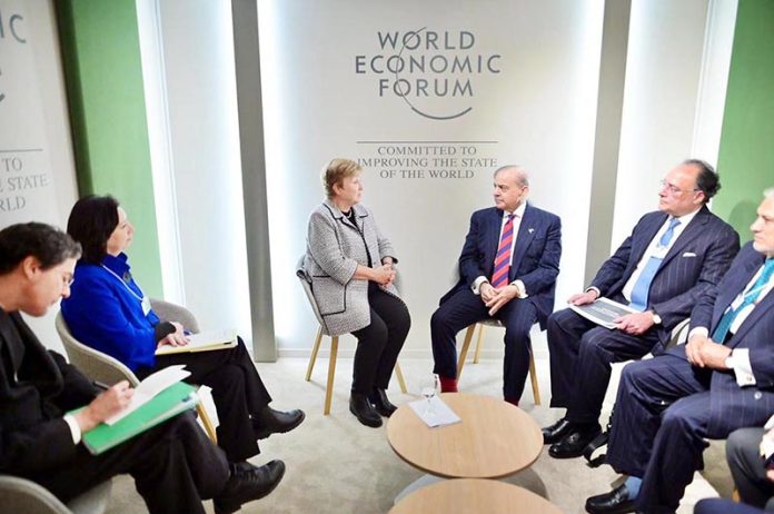 Prime Minister Muhammad Shehbaz Sharif meets with Managing Director of the International Monetary Fund Ms. Kristalina Georgieva on the sidelines of 56th Annual meeting of the World Economic Forum
