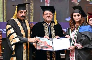Governor Punjab and Chancellor University of Sargodha Sardar Saleem Haider Khan addresses the 12th Convocation at the university of Sargodha multipurpose hall.