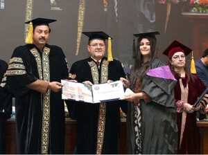 Vice Chancellor University of Sargodha Prof. Dr. Qaisar Abbas and Parliamentary Secretary for Livestock award degrees to students on the second day of the 12th Convocation at the university’s multipurpose hall.