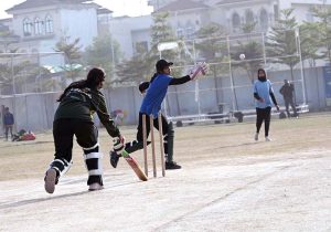 A view of cricket match played between Government Women Graduate College Farooq Colony and Iqra Girls College teams during Inter Collegiate Cricket Tournament organized by Education Board at Tehsil Sports Complex